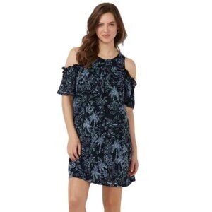 LC Lauren Conrad Women Black Blue Tropical Cold Shoulder Sundress Sz S New
